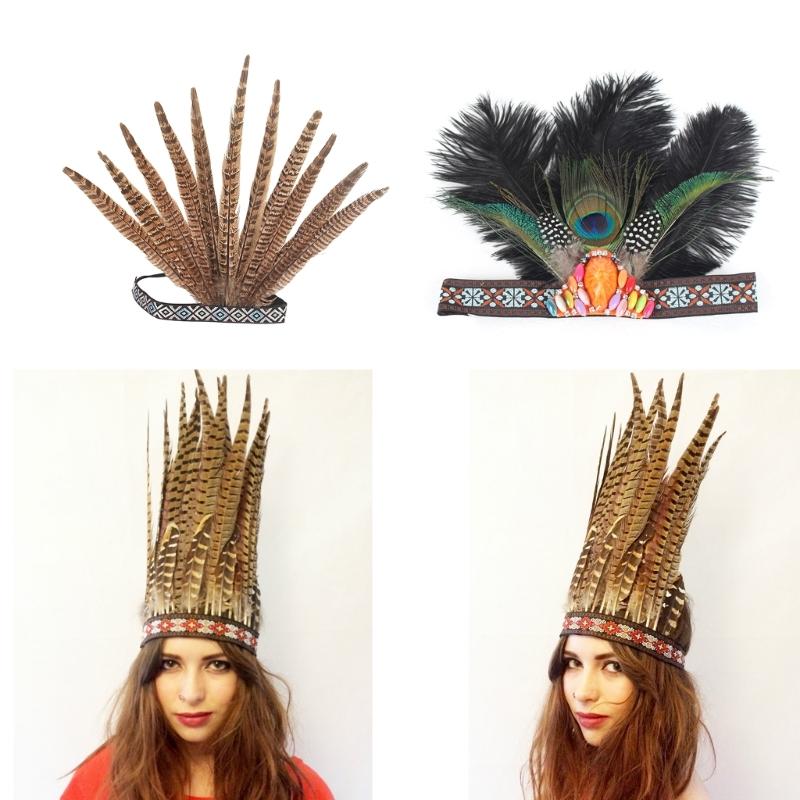 Ethnic Style Headband with Rhinestone&Feather Decors Unique Hair Hoop Women Bride Wedding Party Taking Photo Headband