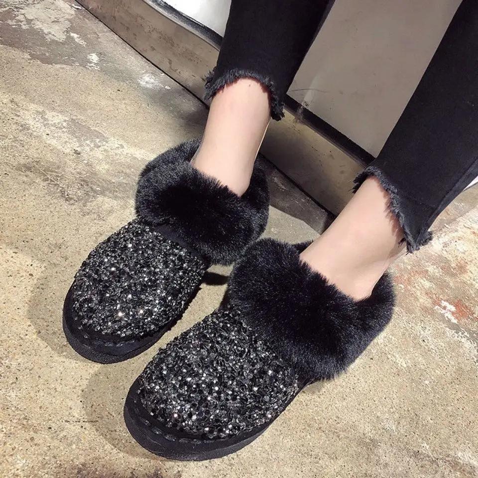 Womens Snow Boots Sexy Round Toe Shoes for Women Rhinestone Elegant with Low Heels Plus Warm Y2k Anti Skid On Promotion Gyaru Pu