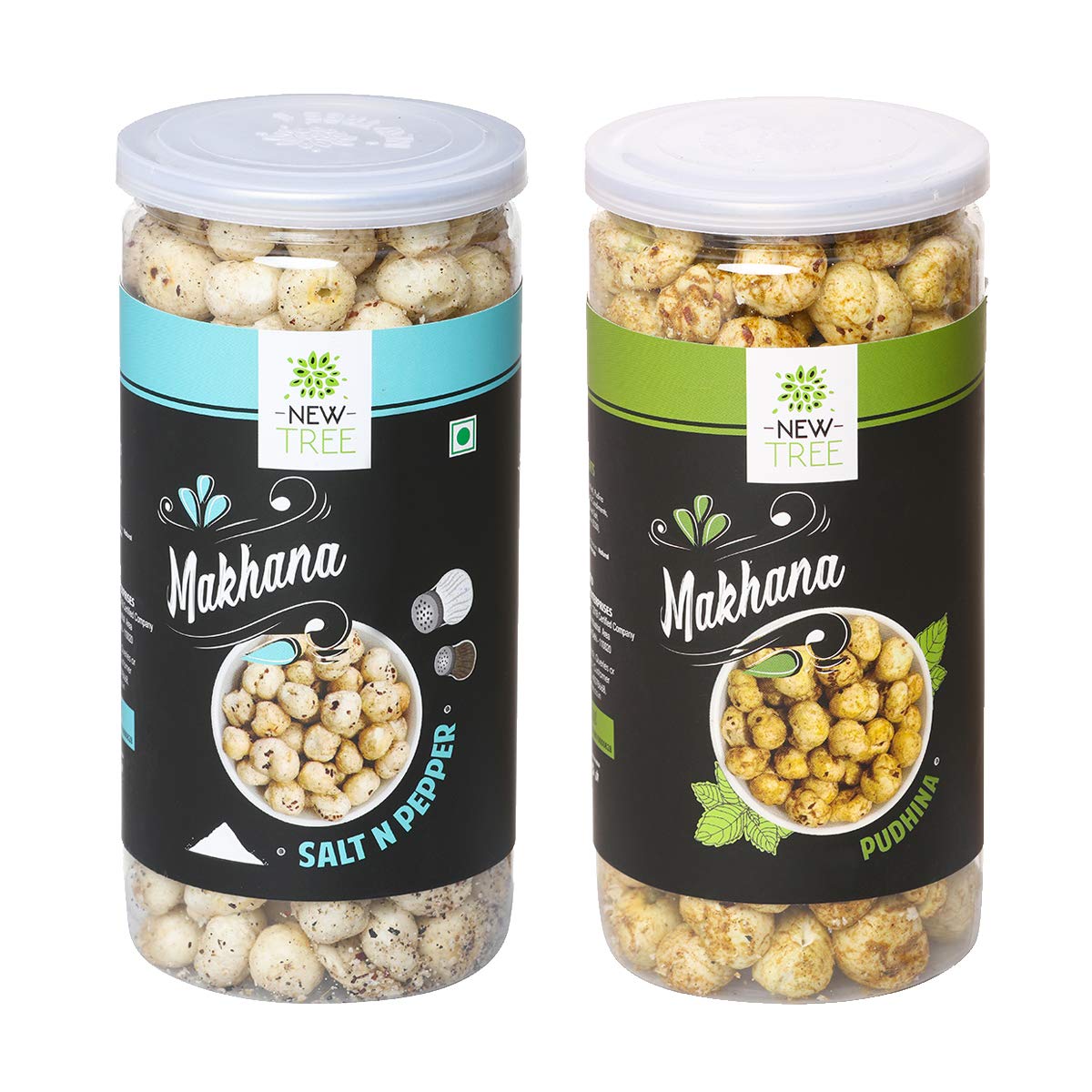 

New Tree Jumbo Makhana Salt & Pepper 85gm || Jumbo Makhana Pudina Flavour 85gm || Combo Pack of 2 | Healthy and Gluten Free Snacks
