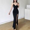 Black Suspender Evening Dress Women's V-neck Pleated High Split Fork Slim and Thin Banquet Host Temperament Long Dress Skirt