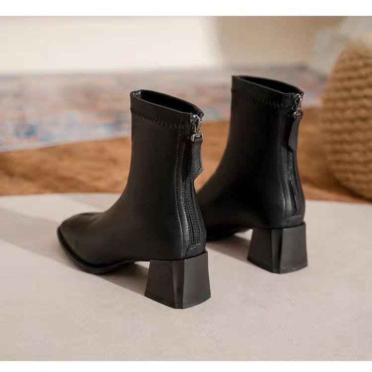 2025 new thick heel short boots women's French square head spring and autumn single boots fashion medium tube thin boots black high heel boots