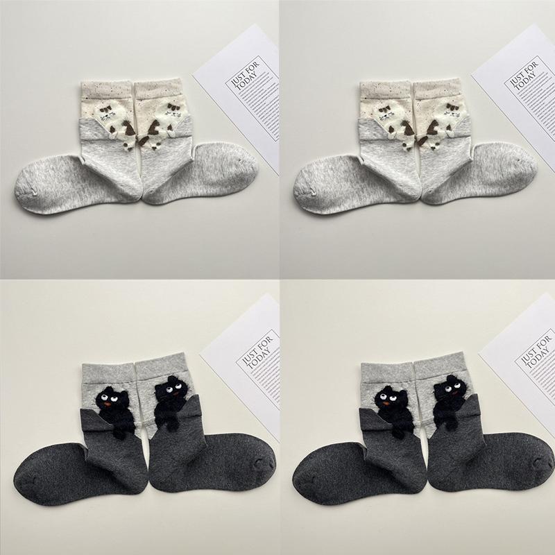 4 Pairs Cartoon Cute Cat Cotton Socks Women Girls Middle Tube Sleep Floor Socks
