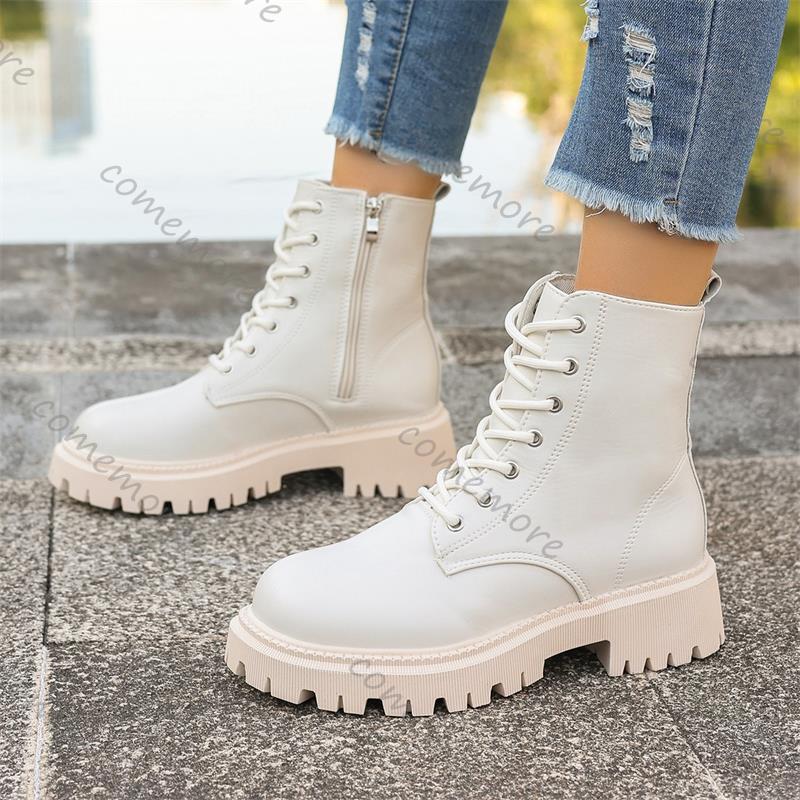 Fashion Comemore Shoes for Woman Bottom Lace-up Leather Ankle Boots Autumn Fashion Women Shoes Lace Up Leather Heeled Bottines Femmes