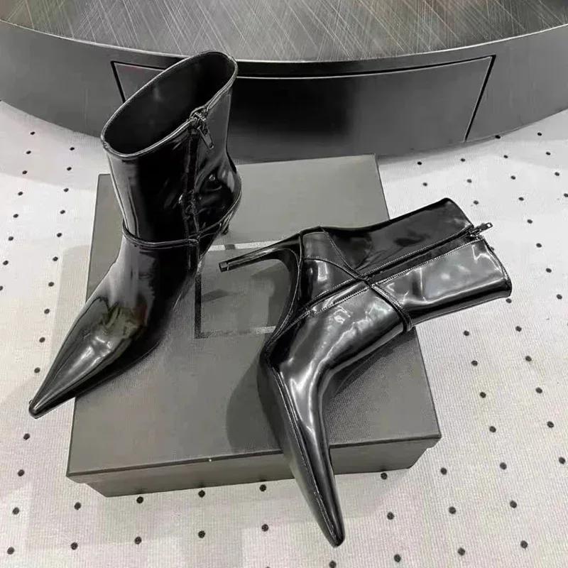 Black Leather Sexy Pointed Toe High Ankle Boots Women Fashion Metal Buckle Side Zip Design Heels Botas Mujer Elegant Woman Shoe