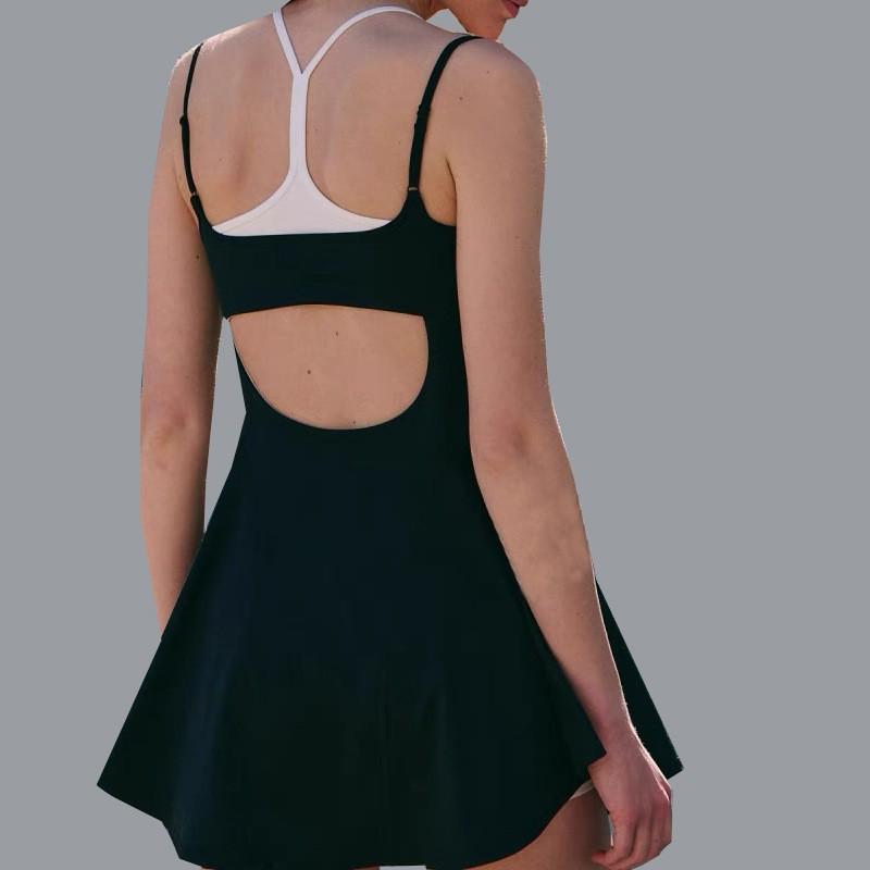 Womens High-Elastic Quick-Dry Yoga Jumpsuit With Built-in Bra Pad Color-Block Backless Sport Dress Running Gym Tennis