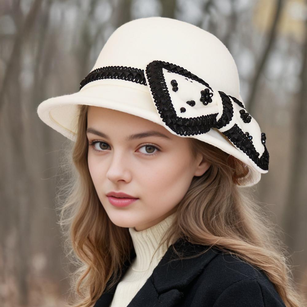 Bow Autumn and Winter Ladies Hat Wool Fashion Winter Top Hat Basin Hat Bucket Hat British Retro