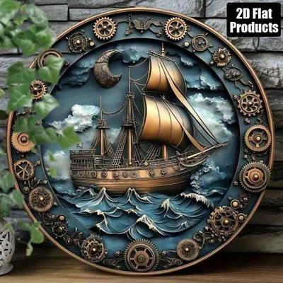 Vintage Nautische Schiffs Wandkunst Metall Dekor Zahnräder Mond Rundes 2D Schild Dunkelblau Gold Aluminium Für Wohnzimmer