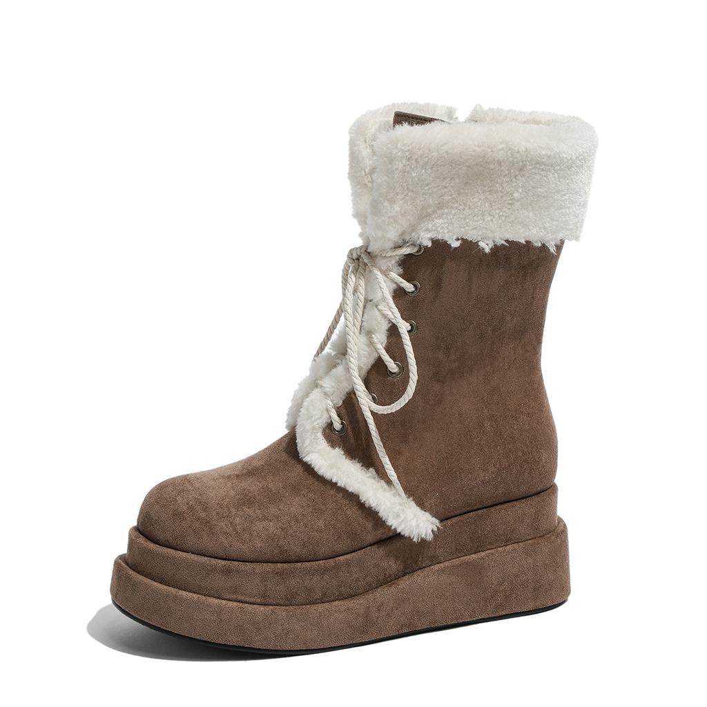 Snow boots women's fleece thickened 2025 winter new retro warm medium tube Martin strap boots thick-soled knight boots