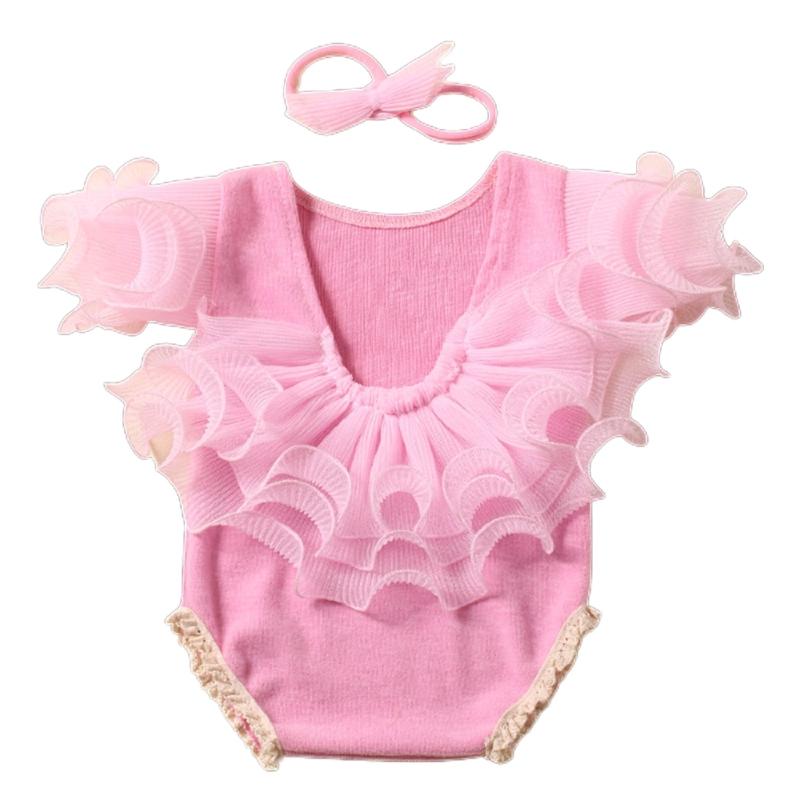 

Baby Girls Photo Clothes Backless Jumpsuit Newborn Costume OnePiece Lace Romper Bowknot Headband Infant Photo Outfit розовый