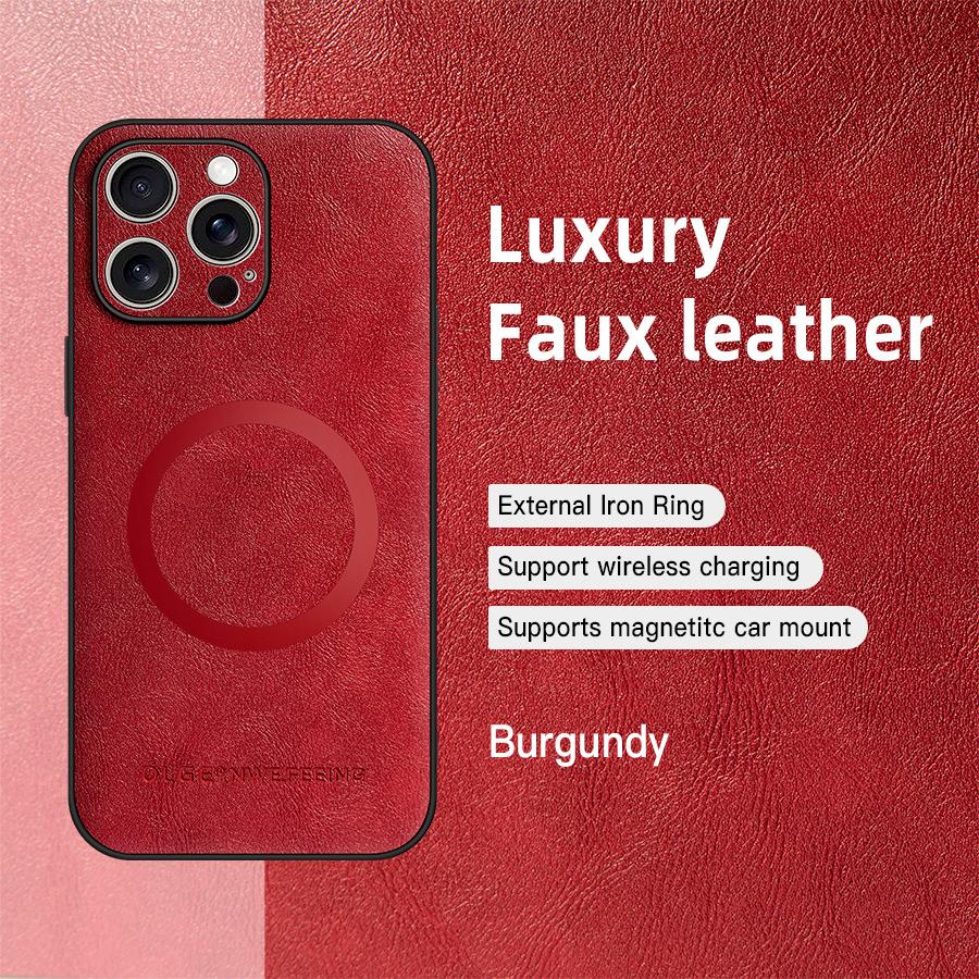 

OLGE Роскошный выдающийся текстурный классический кожаный чехол для iPhone 16 Pro Max 11 12 13 Pro 15 Plus Беспроводной зарядный магнитный чехол For iPhone 11 ProMax бордовый