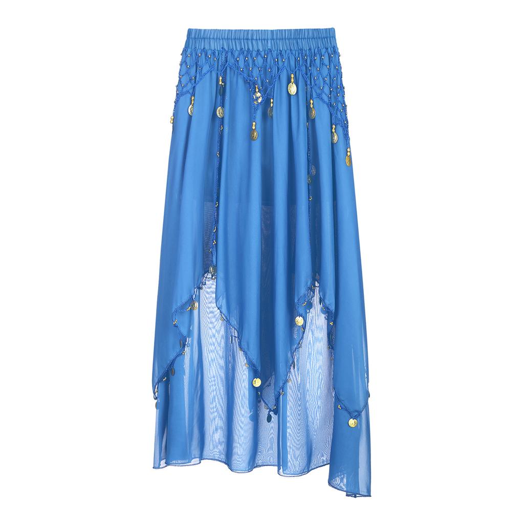 Ladies Sequin Beaded Belly Dance Skirt Chiffon Fabric Elastic Waistband Performance Costume Practice Dancewear