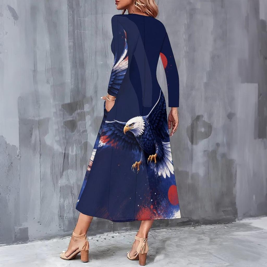 Women Plus Size V Neck Long Sleeve Star Swirl Print A Line Midi Dress With Pockets