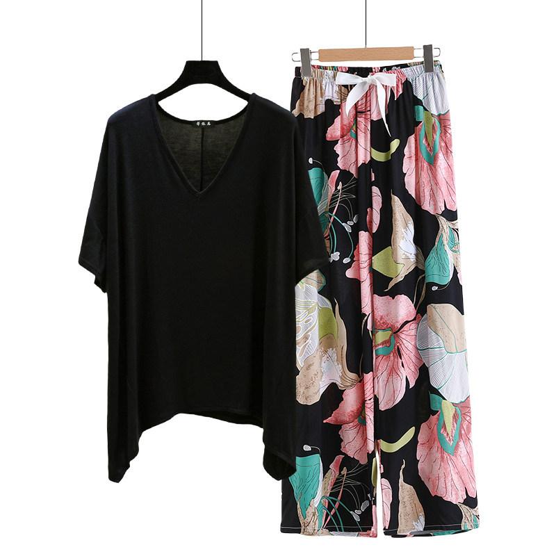 irregular Tshirt and floral wide leg pants summer women's casual pajamas sets Short sleeve homewear suit Loose lightweight Loungwear Plus size