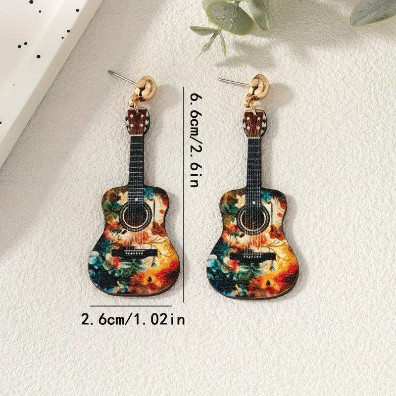 A Pair of Personalized and Creative Color Three-dimensional Guitar Wooden Earrings, Fashionable and Versatile Women's Music Festival Matching Gifts
