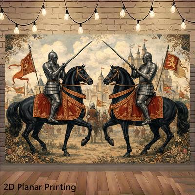 1 Piece of 2D Flat Banner (background Cloth), Depicting a Scene of Knights In a Medieval Battle, a Wall Decoration Banne