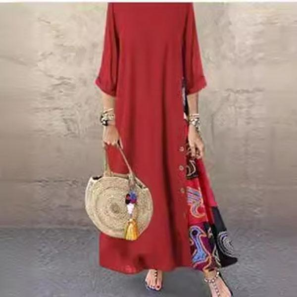 

Літньо-осіннє вільне жіноче плаття вінтажне з круглим вирізом рукавом 3/4 бічними ґудзиками принтоване вільне довге плаття XXXXXL червоний