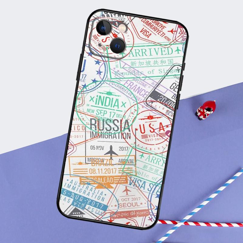 Retro Post Card Passport Stamps Phone Case For iPhone 16 Pro 15 Pro 11 12 13 14 Pro Max Mini XR 16e 15 16 Plus Cover Shell