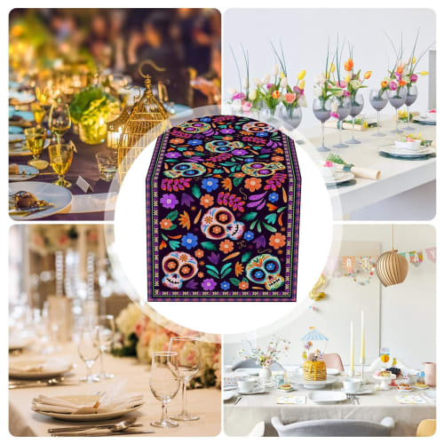 Mexican Skeleton Tablecloth - New Mexican Day of the Dead Table Runner, Mexican Sugar Skull Kitchen and Restaurant Decor, Rustic Linen Tablecloth, Mex