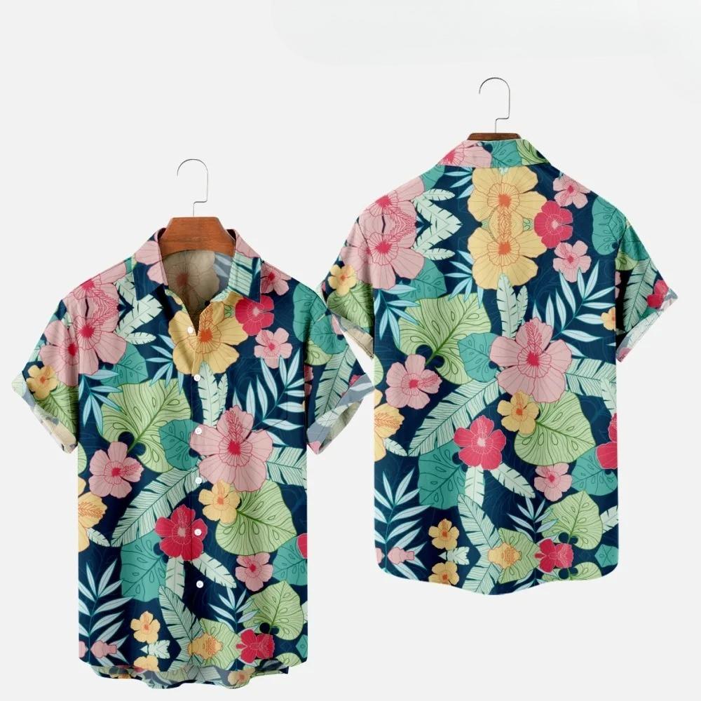 Men's Fashion Summer T-Shirts Hawaiian Print Cozy Casual One Button Shirts Short Sleeve Beach Oversized Shirts