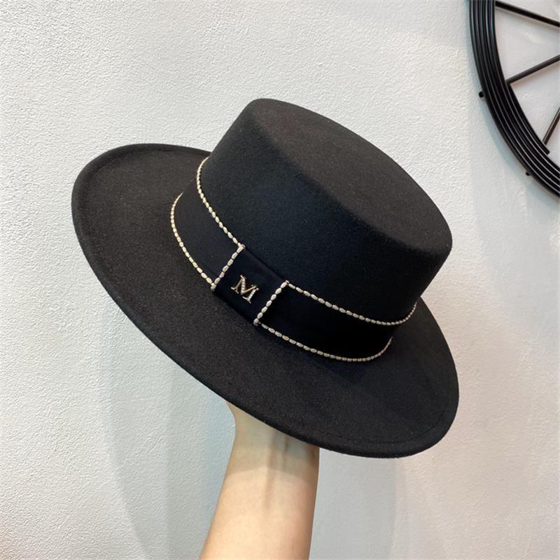 Autumn and Winter Women's Wool Woolen Flat Top Top Hat Female British Retro M Standard Celebrity Style White Felt Hat Jazz Hat Tide