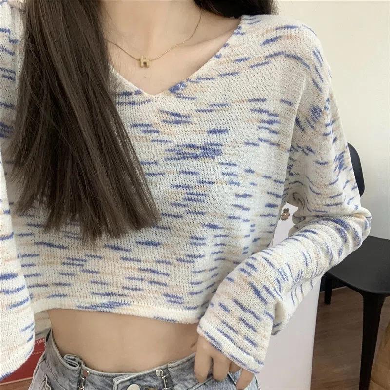 Sweater Rainbow Dye Striped Cropped Short Sweater Long Sleeve Knit V-Neck Loose Top Pullover Knit