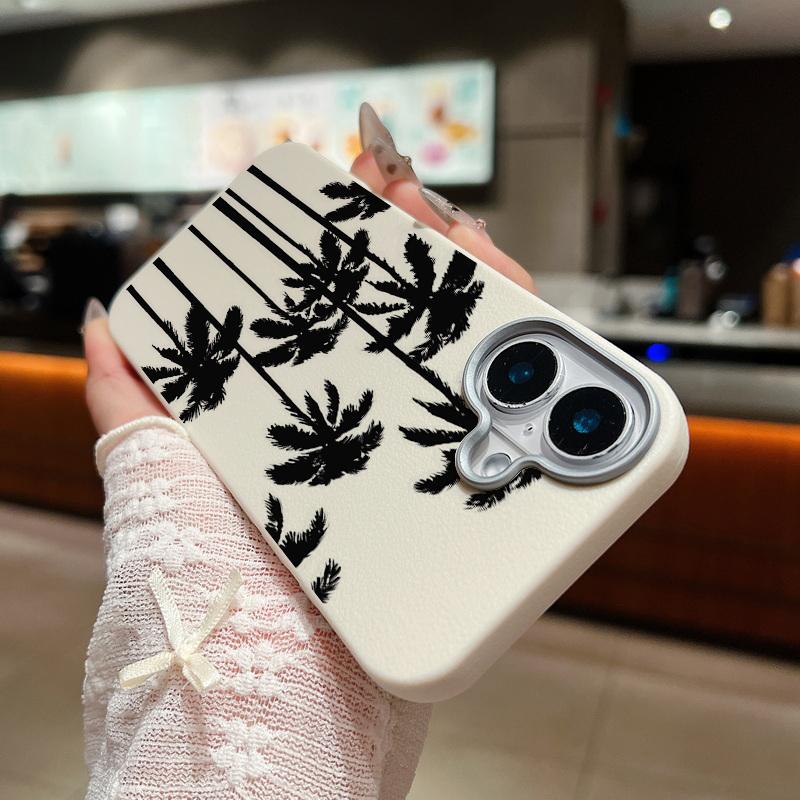 Schwarze Kokosnussbaum-Print-dünne, stoßfeste, weiche TPU-Telefonhülle für iPhone 16 Pro Max 15 Pro 14 13 12 11 Linsenschutzhülle aus mattem Leder