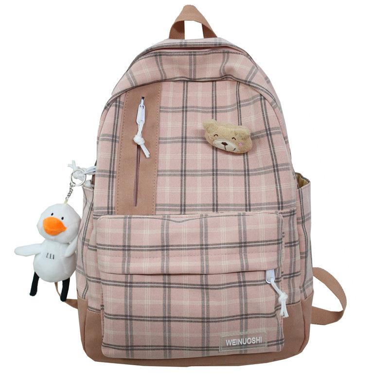 Women's Fashionable and Casual Korean Style High School College Students Backpack Japanese Cotton and Linen Girl Backpack Small Fresh Plaid School Bag
