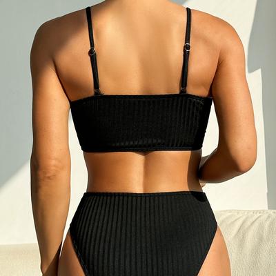 Nouveau maillot de bain deux pièces européen et américain pour femme bikini noir à rayures côtelées sexy décolleté plongeant taille haute maillot de bain de vacances