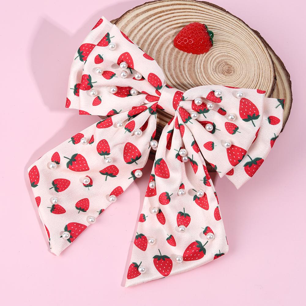 

Шифоновая заколка для волос с клубничным бантом, розовая, с гладкой шелковистой текстурой, элегантные жемчужные заколки для волос, женские, для девочек, корейские аксессуары для фото, вечеринки
