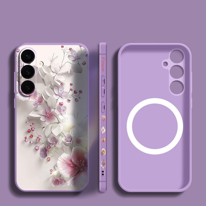 Pink White Flower Pattern Case For Samsung Galaxy S25 Ultra S24 S23 S22 Plus S21 S25 FE Magnetic For Magsafe Soft Silicone Cover