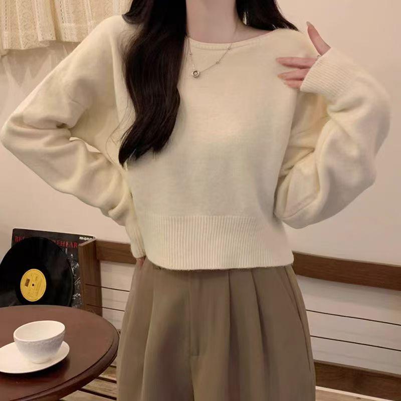 Solid Color Cropped Sweater for Petite Women - 2025 Autumn Korean Academy Style Knit Top