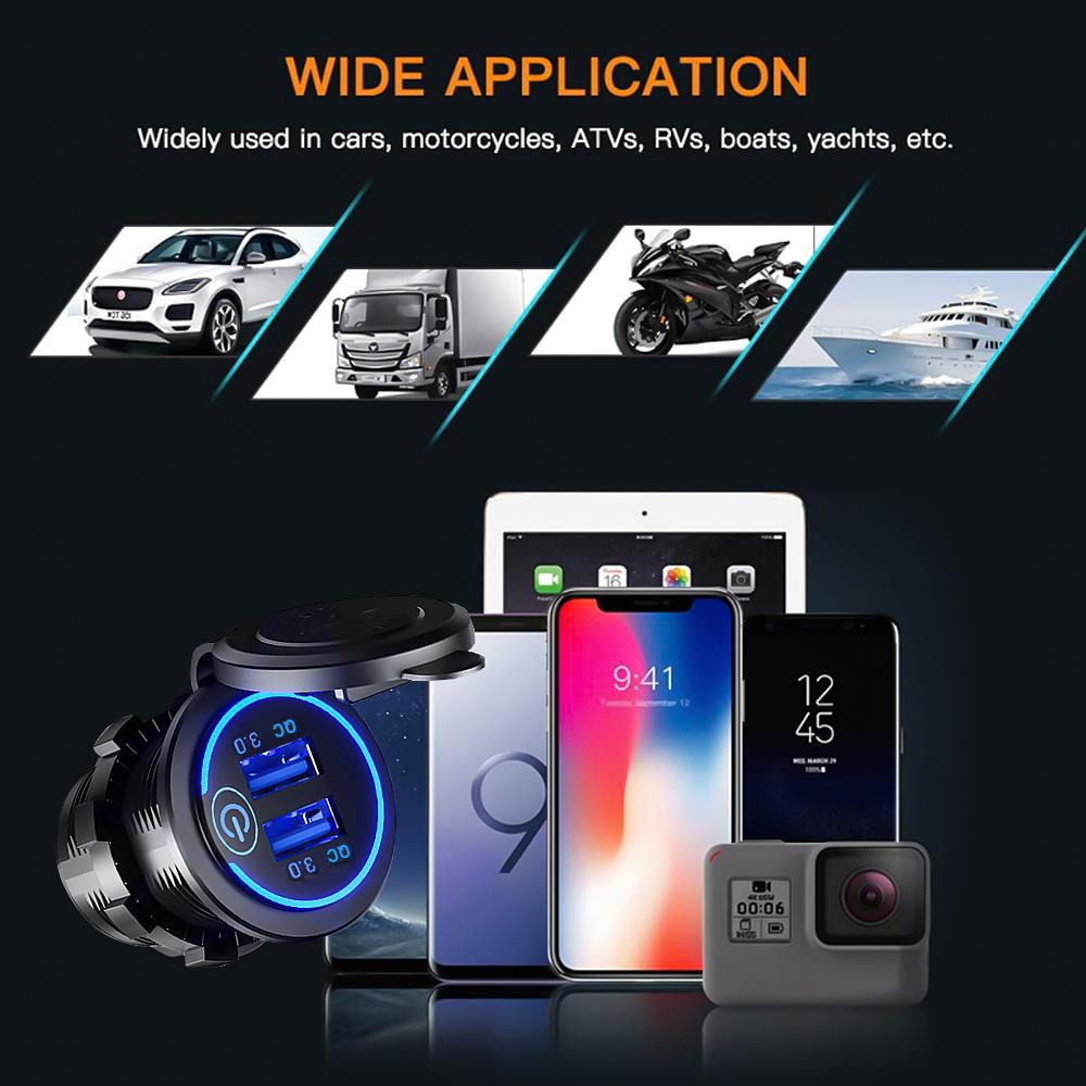 LED Car Charger Car Charger with Touch Switch Dual USB Waterproof Power Socket Fast Charging Plug Car Modification Charger