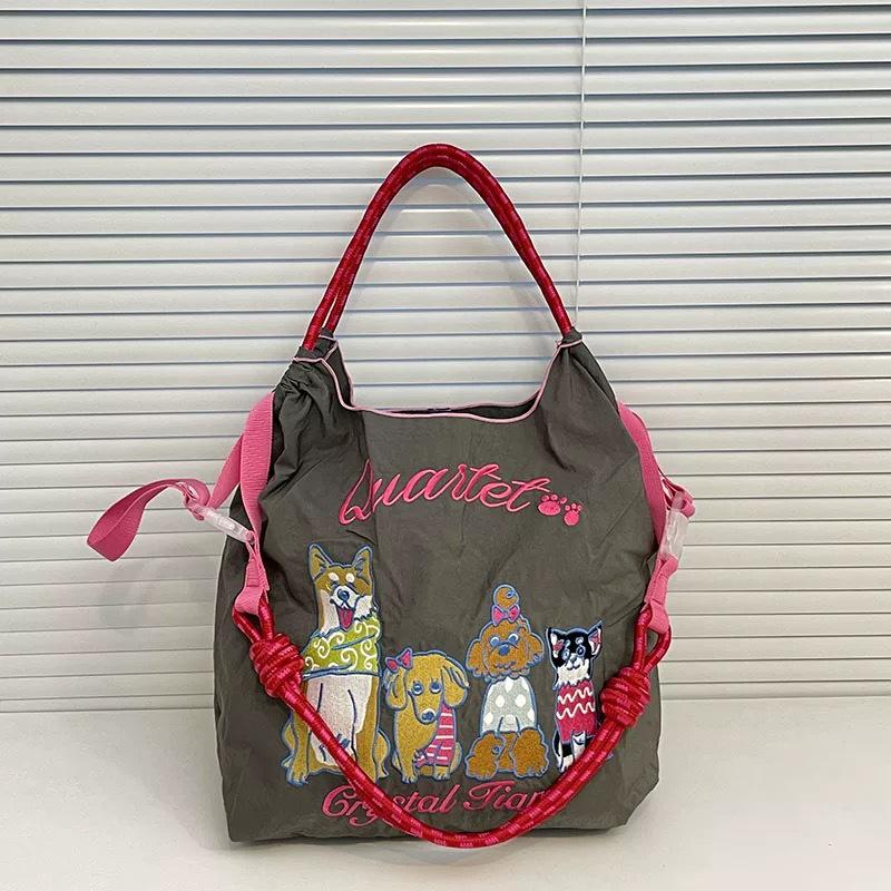 Japanese Style Handmade Waterproof Nylon Canvas Bag with Embroidered Patterns, Large Capacity