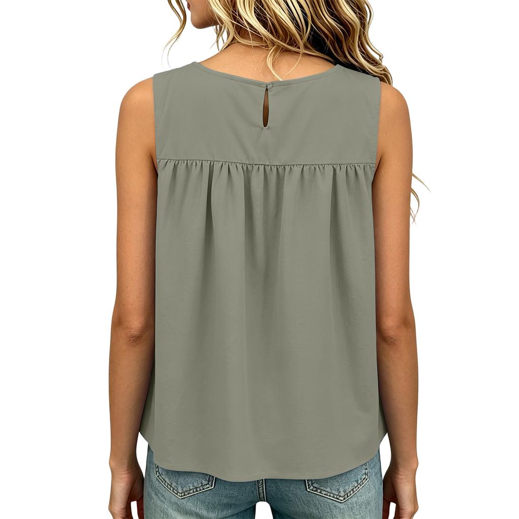 Women’s Sleeveless Pleated Tank Top Casual Loose Fit Crew Neck Blouse Simple Solid Design for Daily Wear