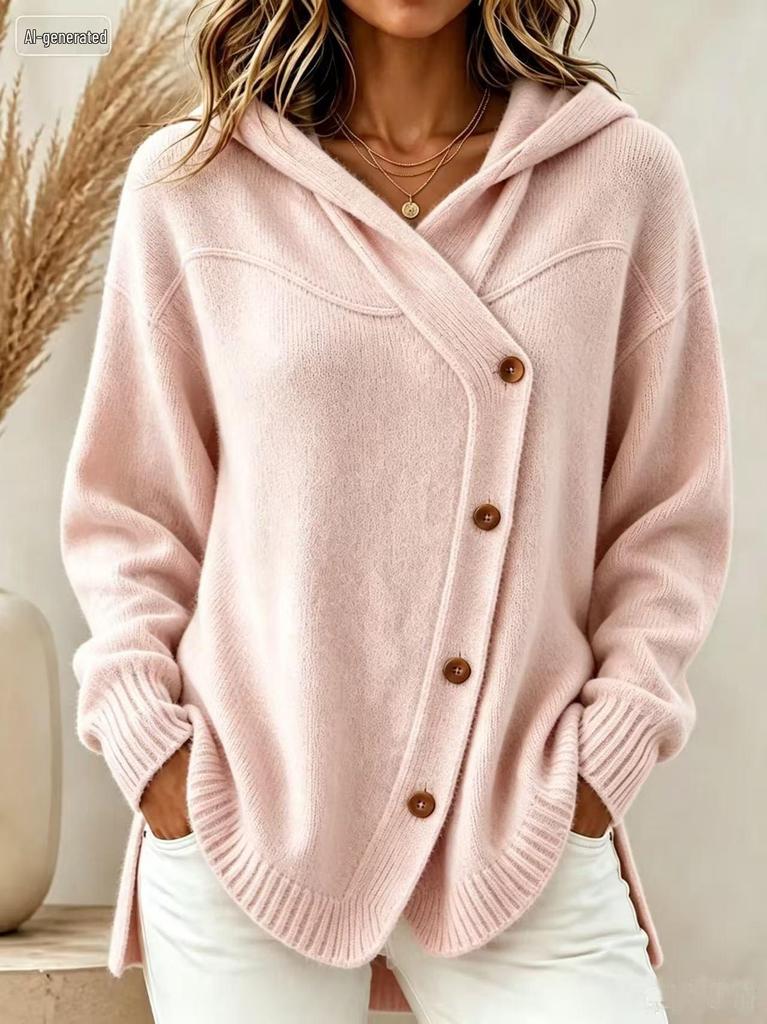 2026 Autumn/Winter Women's Loose Knit Hooded Cardigan with Buttons
