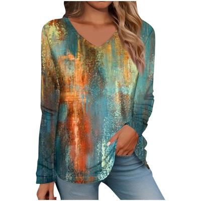 V-neck Long Sleeved T-shirt Vintage 3d Printed Top Women's Fashion T-Shirts