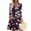 Women's Fashionable V-Neck Button Seven Part Cuff Pocket Floral Dress