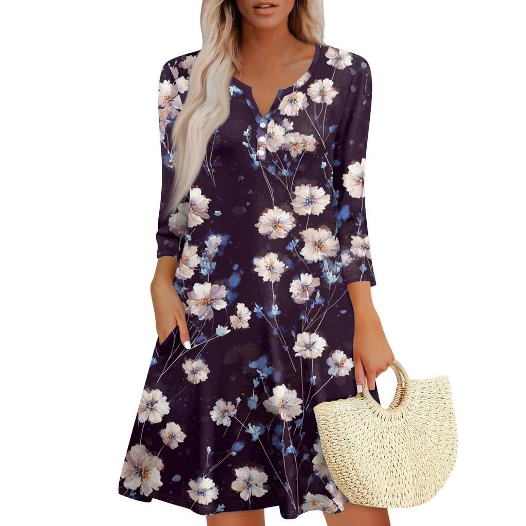 Women's Fashionable V-Neck Button Seven Part Cuff Pocket Floral Dress