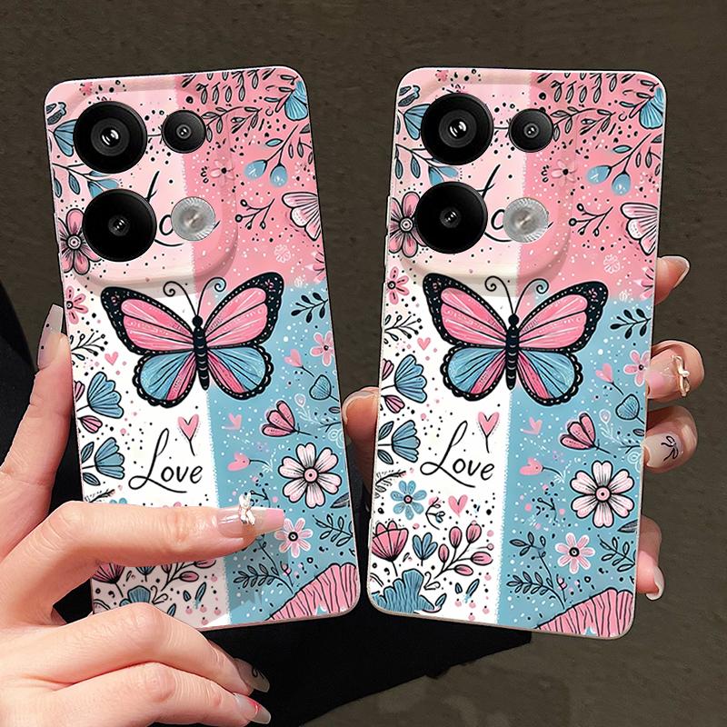 Blue Pink Butterfly Floral Pattern Case For Xiaomi 14T 13T 11T Pro Funda Redmi Note 14 13 12 11 Pro 5G 4G Leather Texture Silicone Cover
