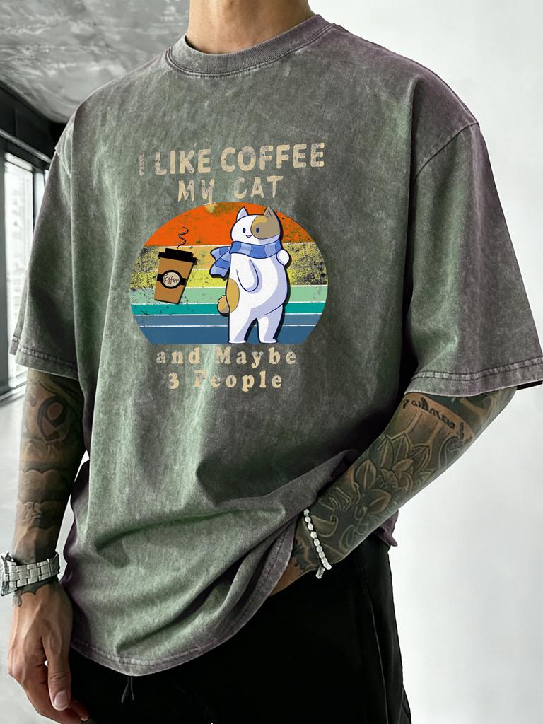 My Cat Like Coffee Design Men Washed TShirt Hip Hop Oversized Short Sleeve Vacation Cotton T Shirts Soft Summer Tee Tops
