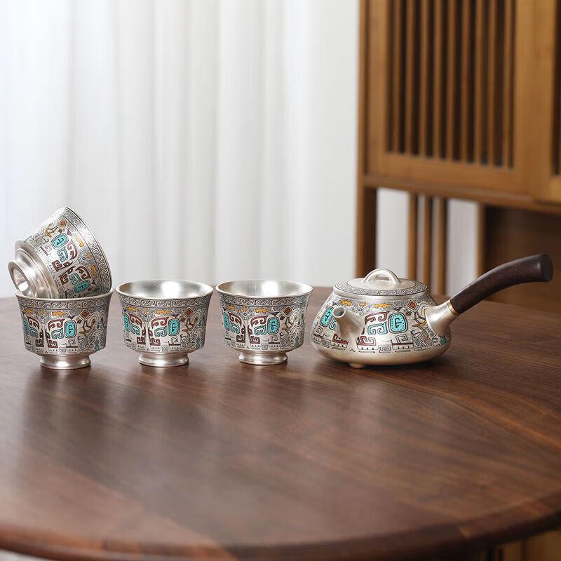 Chinese Taotie Silver-Plated Pottery Tea Set