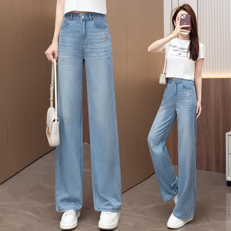 Women's Tencel Wide-Leg High-Waisted Jeans, Slimming Drape with Embroidery, Plus Size, Casual Straight Leg Pants for Spring/Summer 2026