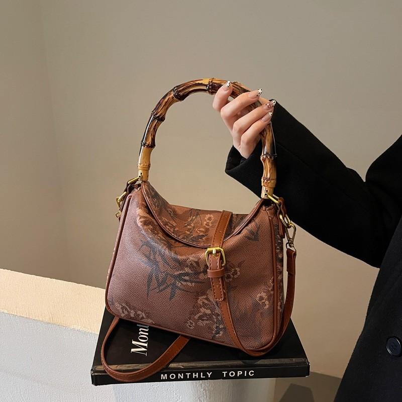 Ielgy Bamboo Portable Small Square Bag Embroidered Shoulder Messenger Bag