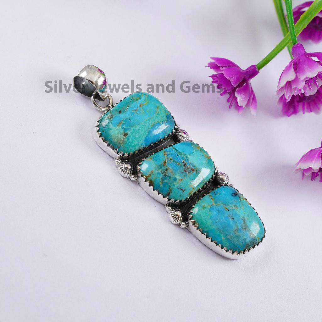 Kingman Turquoise Pendant, 925 Sterling Silver Natural Arizona Turquoise, Designer 3 Stone Pendant, Blue Turquoise Pendant, Anniversary Gift