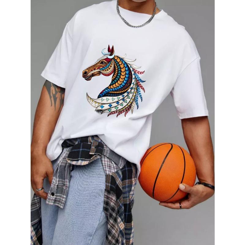 Herren Weißes T-Shirt mit Buntem Pferdekopf Stammesmuster Design für Freizeitkleidung