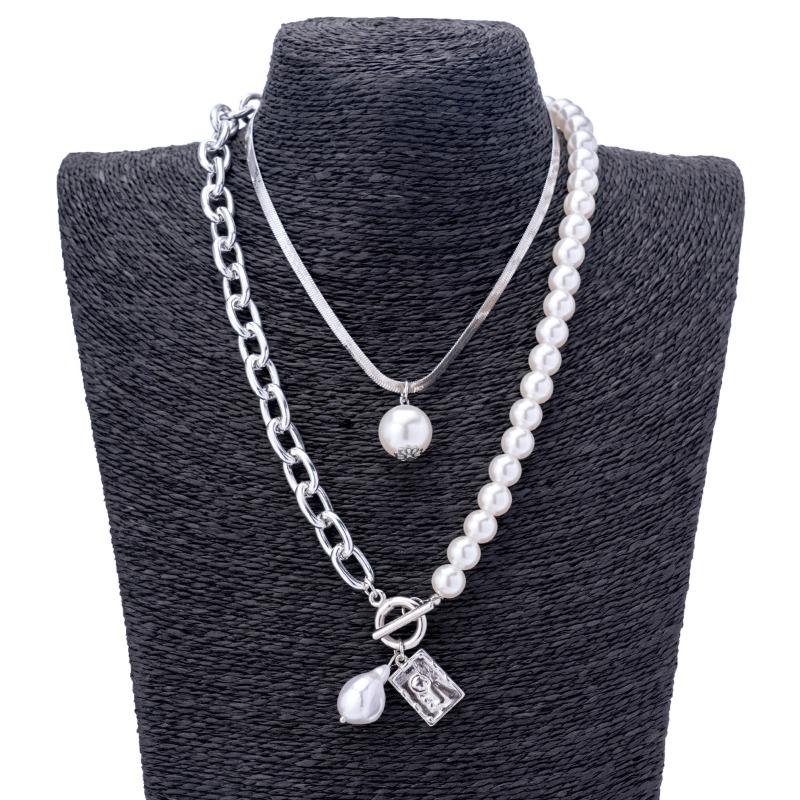 Fashion Alloy Pearl Splicing Stacked Necklace Retro Baroque Style Imitation Pearl Necklace Women's Elegant Square Necklace Set