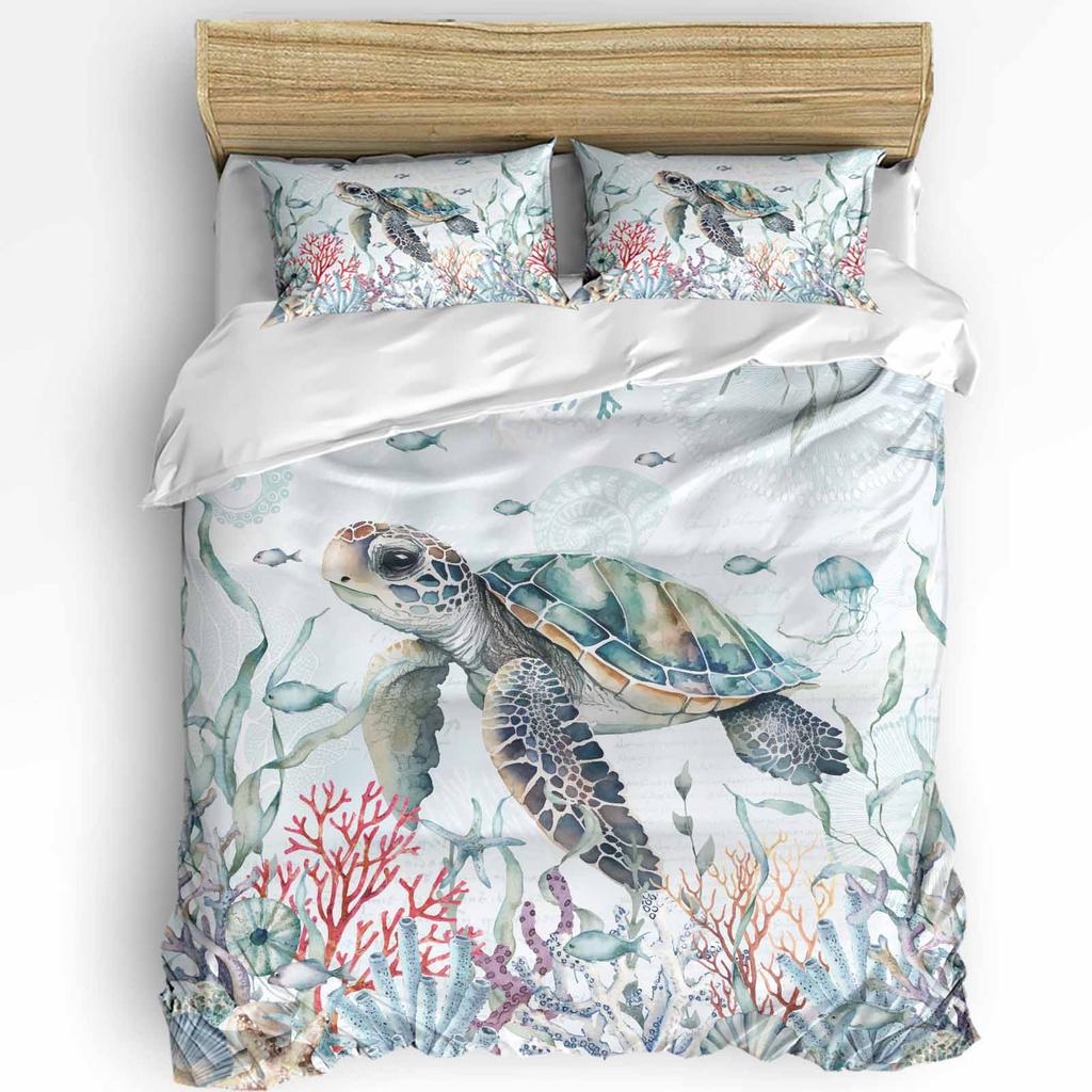 Nautical Theme Sea Turtle Starfish Compass Duvet Cover with Pillow Case 3pcs Bedding Set Quilt Cover Double Bed Home Textile