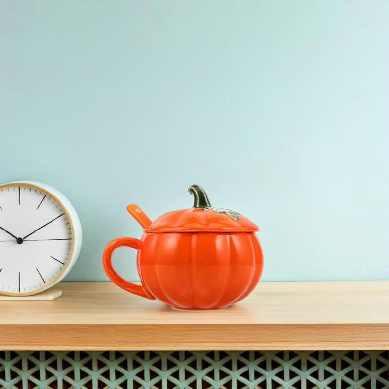 Pumpkin Shaped Ceramic Coffee Mug for Tea and Coffee 250Ml with Spoon