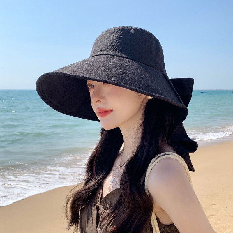 

Summer Sun Protection Sun Hat Fashionable All-Match Large Brim Shawl Bow Fisherman Hat Outdoor Cycling Hiking Sun Hat 8759-Twilight Black [Shawl Neck Pad]]