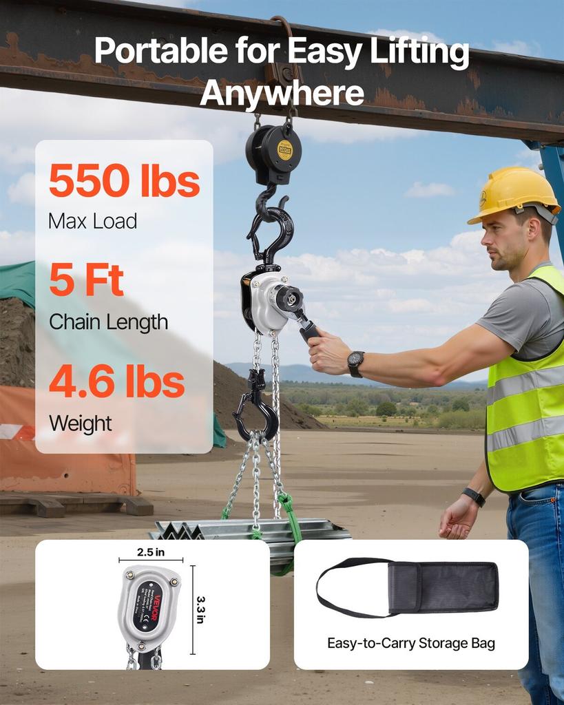 Manual Lever Chain Hoist, 1/4T 250KG Capacity Heavy Duty Come Along, 1.5M Lift G80 Alloy Steel Chain With Dual Pawl Mechanical Brake, 360° Rotating